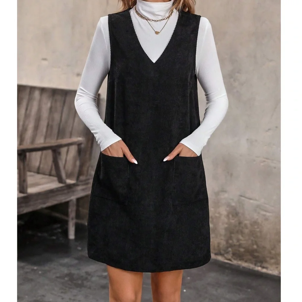 Solid Corduroy Pockets V neck Mini Dress - Picture 4 of 8